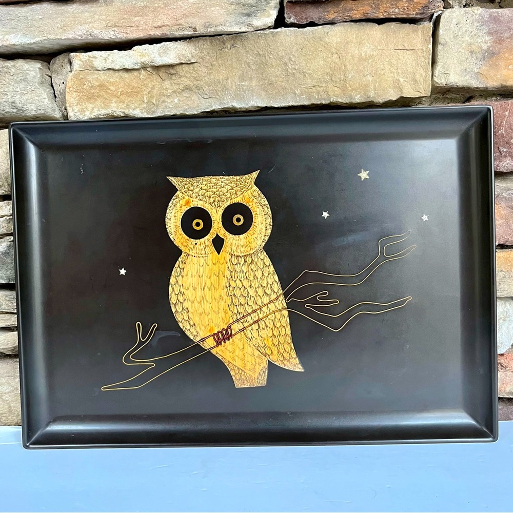 VTG Couroc Owl Tray Hand Inlaid 60s Barware Serving Mid-century MCM Phenolic